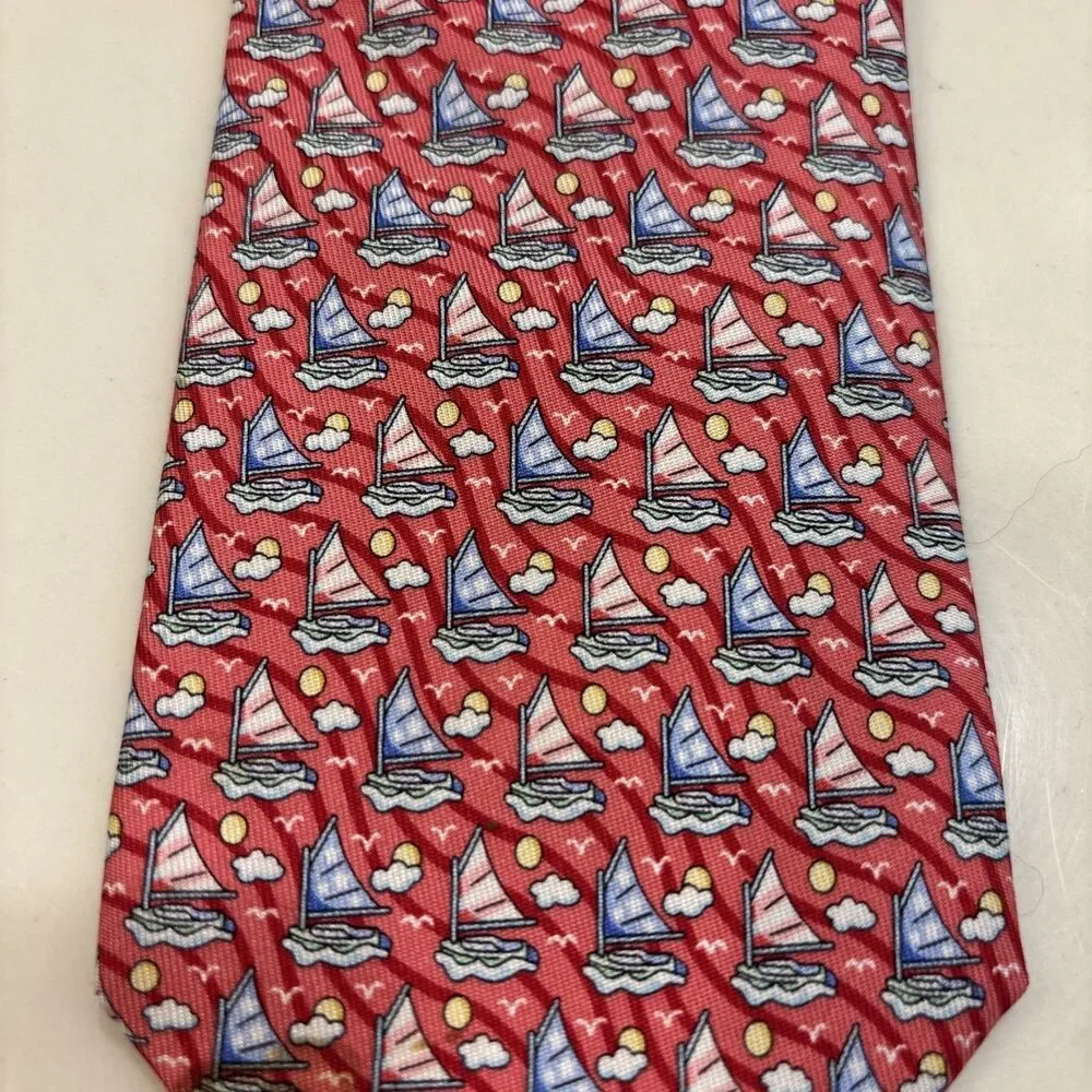 Vineyard Vines Sailboat Men's Silk Tie Red Multicolor Preppy Nautical Coastal
